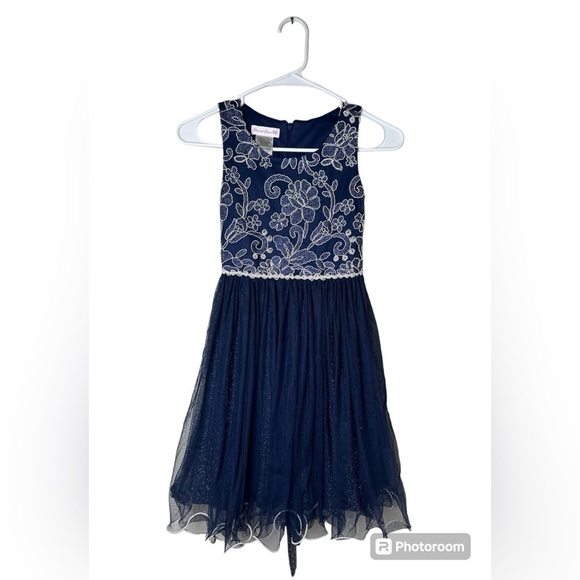 Bonnie Jean Girls Beautiful Floral Sparkly Dress Size 10 Navy & Ivory - Picture 1 of 5
